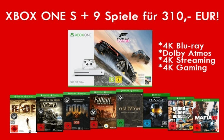 Xbox ONE S mit 9 Spielen für 310,- EUR!