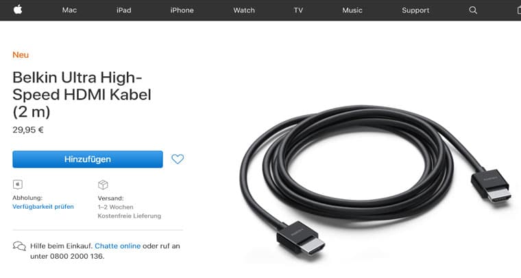 HDMI 2.1 48G-Kabel von Belkin im Apple Shop aufgetaucht