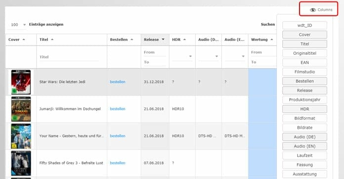 Über die "Colums"-Schaltfläche (roter Kreis) können zusätzliche Informations-Spalten hingefügt oder entfernt werden
