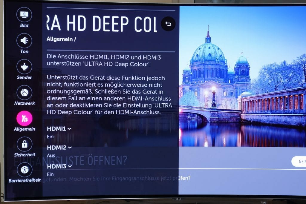 Über das Einstellungs-Menü des LG OLED TVs deaktivieren wir die Ultra HD Deep Color Option am HDMI 2 Anschluss an dem der Sony 4K Player angeschlossen ist