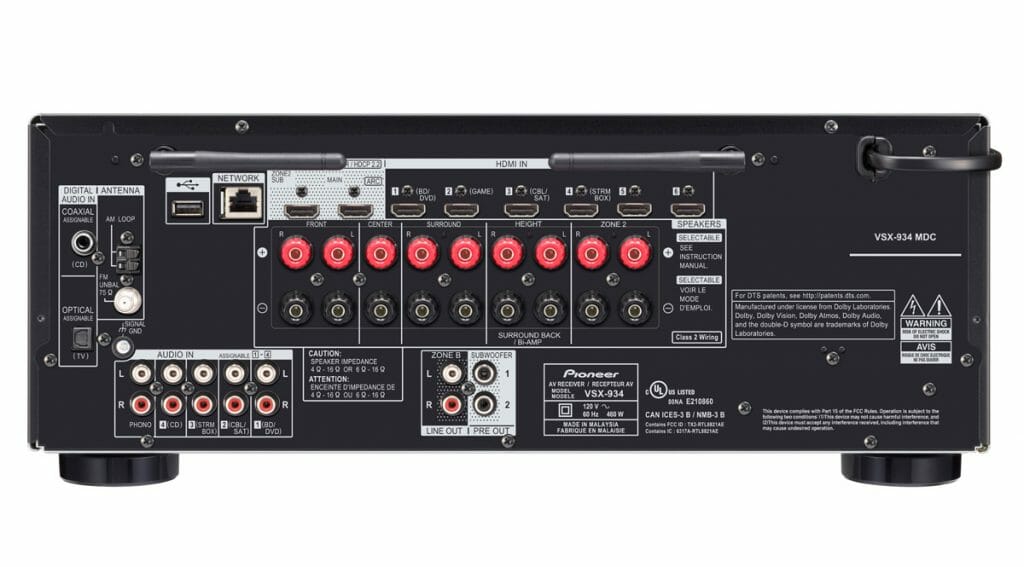 Anschlüsse des VSX-934 mit allen wichtigen Anschlüssen. Neben 6 HDMI-Eingängen gibt es im 2019-Modell auch zwei Ausgänge