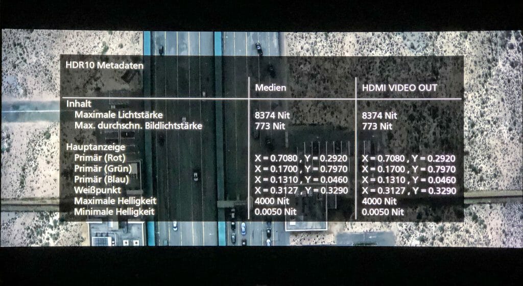 HDR10 Metadaten ausgegeben über den DP-UB824 (Bild Sicario 2)