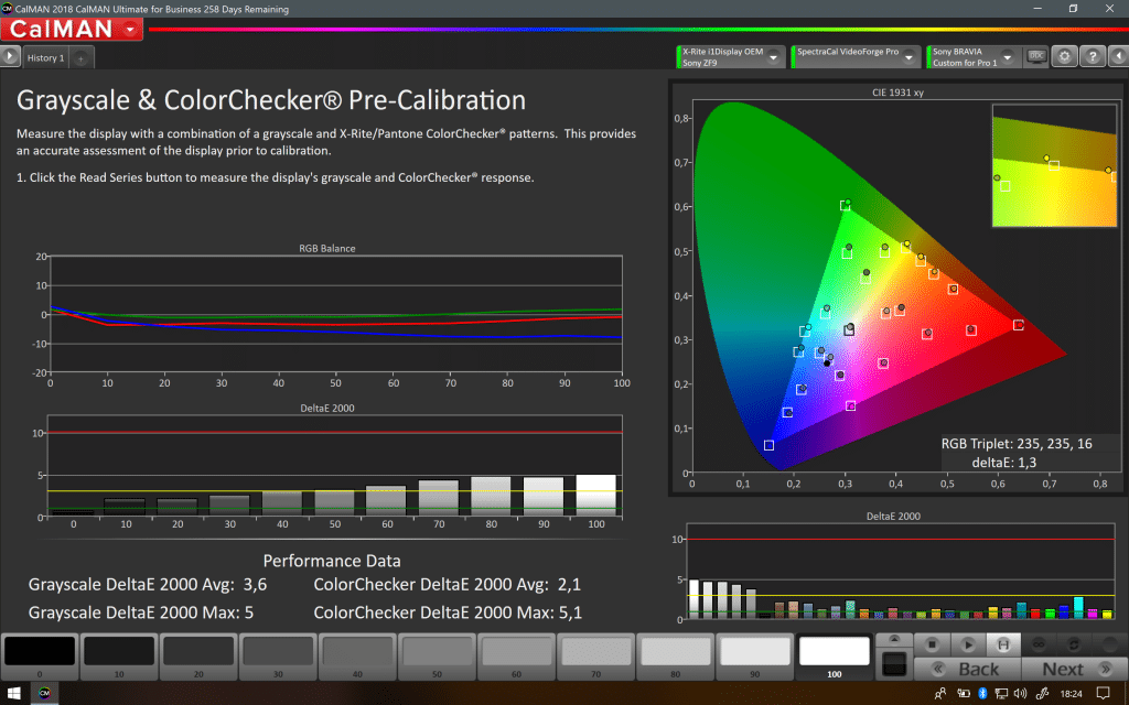 Sony ZF9 vor der Kalibrierung im SDR-Modus || Calman-Software by Portrait Display