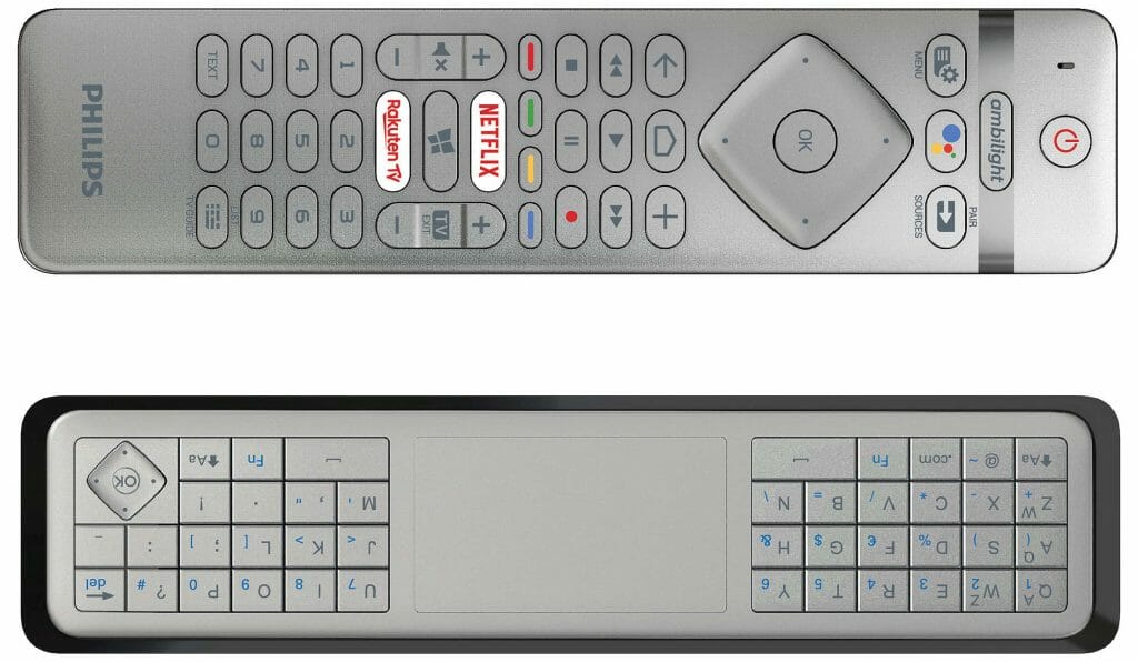 Die Überarbeitete Fernbedienung des OLED984 mit Funktionstasten für Google Assistant, Netflix, Rakuten TV und einer vollwertigen Tastatur + Trackpad auf der Rückseite