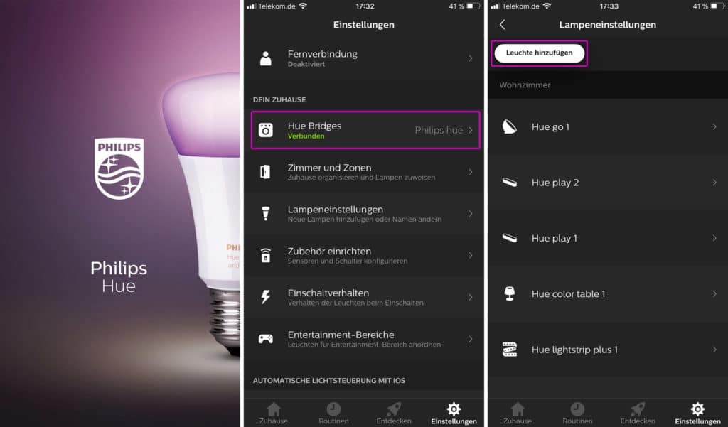 Hue App öffnen, Hue Bridge verbinden und Hue Lampen zu einem Zimmer hinzufügen.