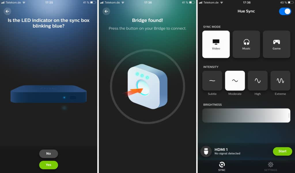 Die Hue Sync App erklärt uns alles Schritt für Schritt. Die Verknüpfung von Hue Play HDMI Sync Box mit der Hue Bridge ist ein Kinderspiel