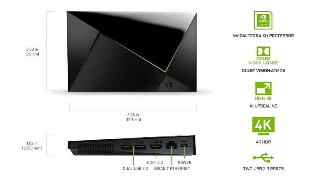 Spezifikationen der Nvidia Shield Pro 2019: Tegra X1+ Prozessor, Dolby Atmos, Dolby Vision, AI Upscaling, 4K, HDR und zwei USB 3.0 Ports