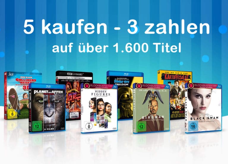 5 kaufen – 3 zahlen auf über 1.600 Titel (DVD, Blu-ray, 4K Blu-ray)