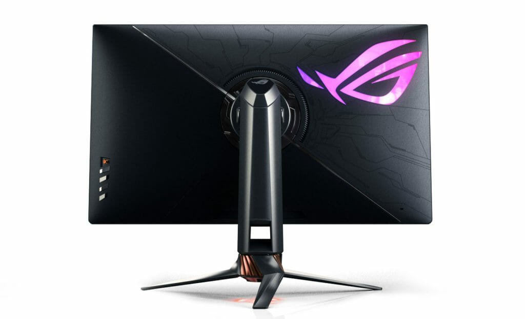 Die Rückseite des Asus PG32UQX mit Funktionstasten und der Kabelführung