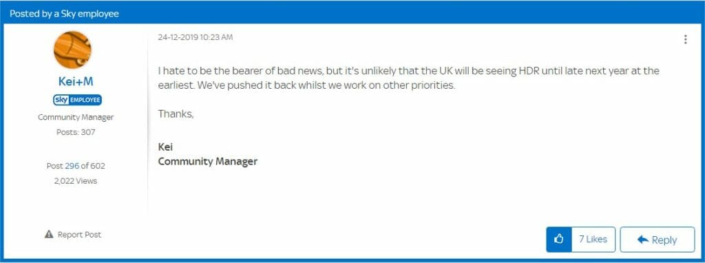 Böse Weihnachts-Überraschung: Der Sky Community Manager meldete am 24. Dezember 2019, dass sich das HDR-Update auf frühestens Ende 2020 verschiebt