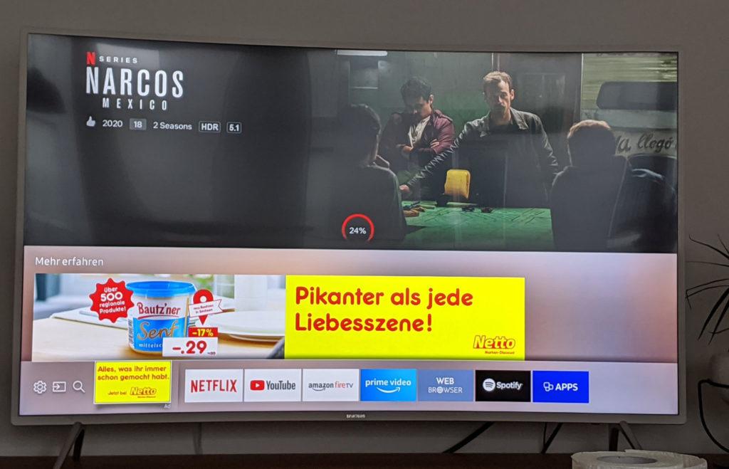 Samsung zeigt an TVs in seinem Smart Hub Werbung