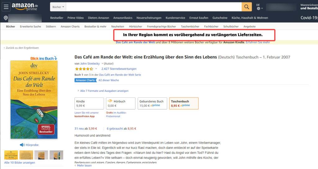 Amazon Region verlängerte Lieferzeit