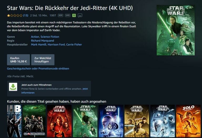 Star Wars Episode 1-6 bereits auf Amazon Prime Video in 4K/HDR verfügbar