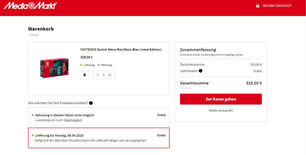 Gratis Lieferung eines Artikels der im lokalen Mediamarkt verpackt wurde