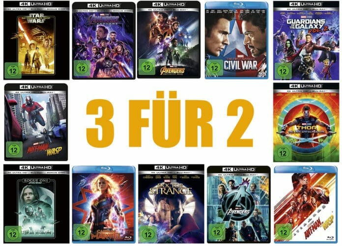 Bis zu 33% sparen, mit der 3FÜR2-Aktion auf Marvel und Star Wars-Filme