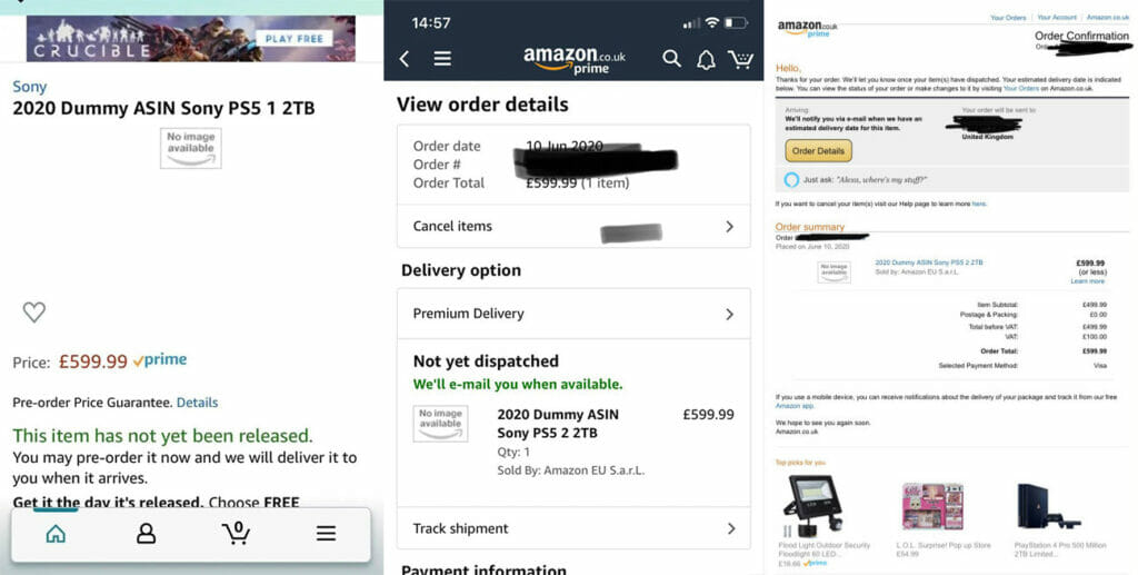 Listung, Bestellung und Bestellbestätigung der PlayStation 5 über Amazon.co.uk