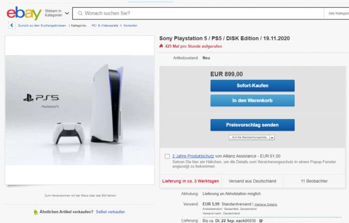 Eine Sony PlayStation 5 mit 80% Aufschlag für 899 Euro auf ebay.de
