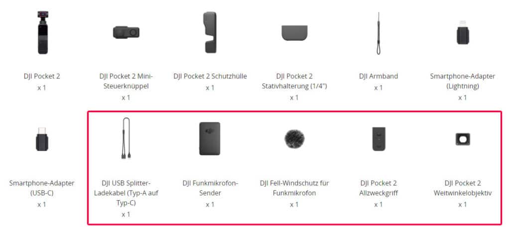 Lieferumfang der DJI Pocket 2. Das rot umrandete Zubehör gibt es nur im "Kreativ Combo Pack"