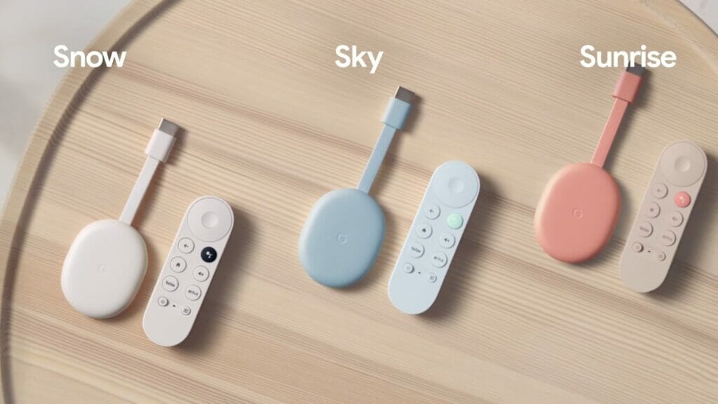 Die drei Farbvarianten des neuen Google Chromecast mit Google TV: Snow, Sky und Sunrise