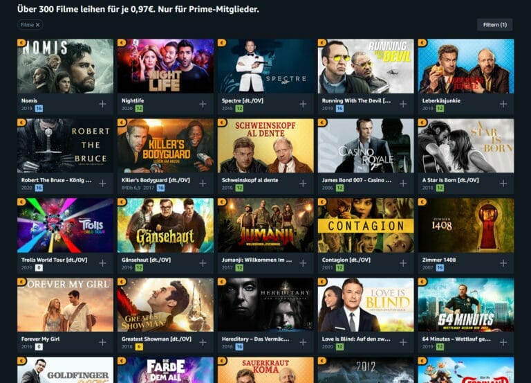 Über 300 Filme zu je nur 97 Cent auf Amazon Prime Video leihen