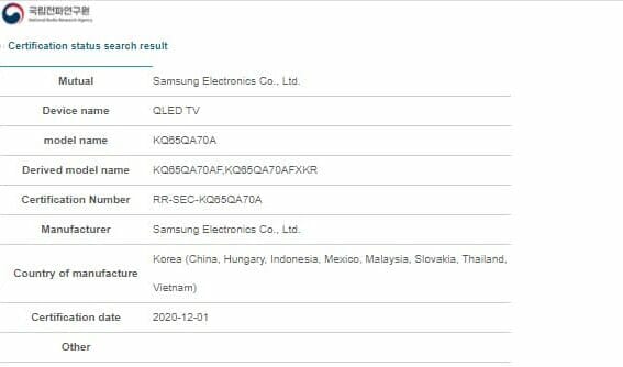 Samsung 65QA70A QLED Mini LED