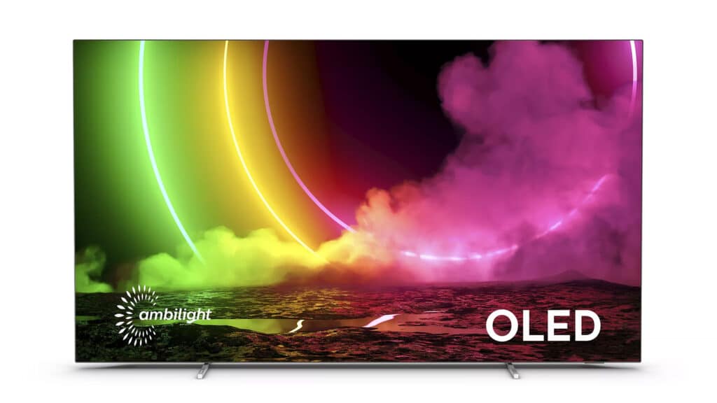 Der OLED806 mit flachen, glänzenden Standfüßen, erhältlich in 48, 55, 65 und 77 Zoll