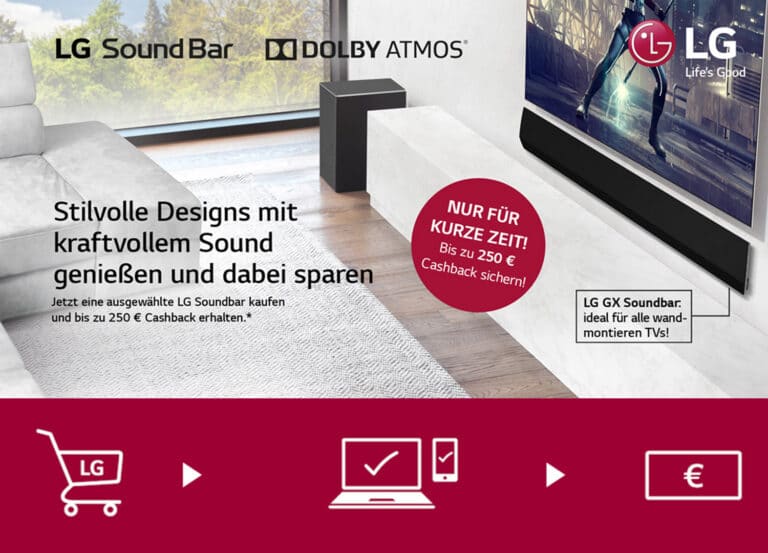 Jetzt bis zu 250 Euro Cashback auf ausgewählte LG Soundbars mit Dolby Atmos sichern!