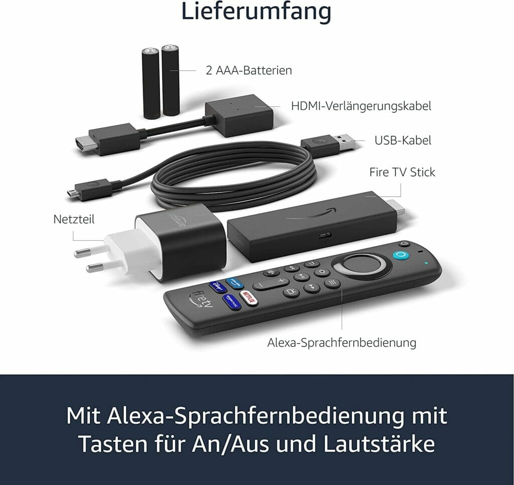 Der Lieferumfang des aktuellen Amazon Fire TV mit der neuen Sprachfernbedienung