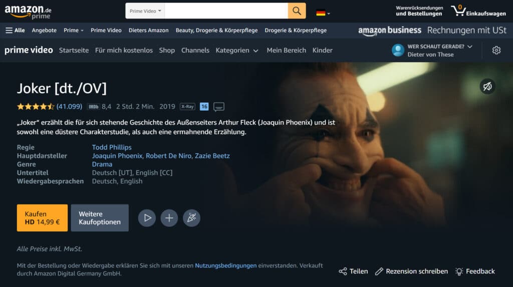 Joker steht auf Amazon Prime Video als digitaler Film zum Kauf