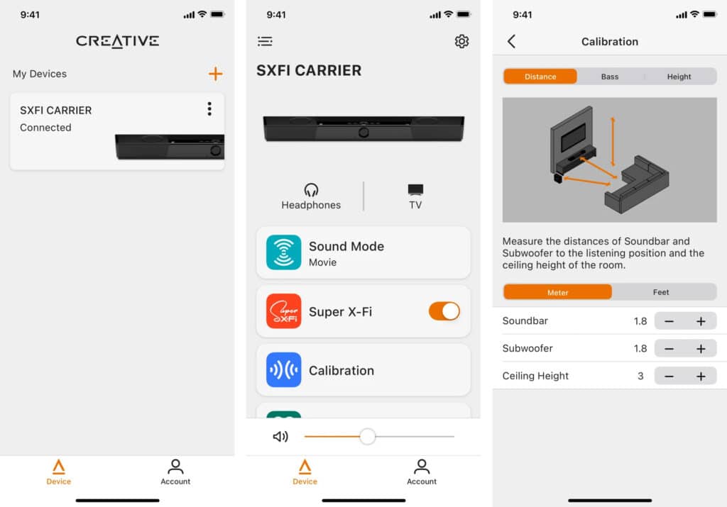 Mit der Creative App (für iOS und Android) kann eine manuelle Kalibrierung der Soundbar + Subwoofer vorgenommen werden