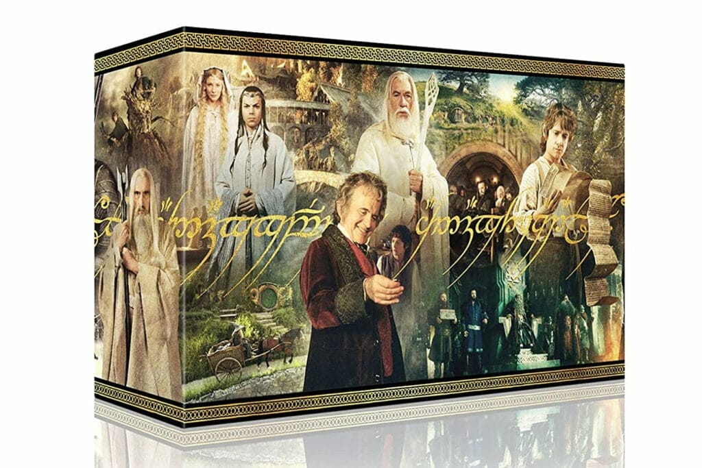 Das Design der Sammlerbox vereint alle Hauptcharaktere und wichtigen Schaustätten der Herr der Ringe und Hobbit-Filme