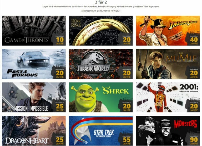 3-für-2 Jubiläums-Aktion auf ausgewählte DVDs, Blu-rays und 4K Ultra HD Discs auf Amazon.de