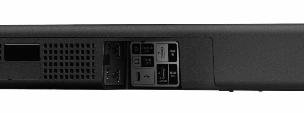 Die Anschlüsse auf der Rückseite der Dolby Atmos Soundbar (HDMI 2.1 Ein-/Ausgang), USB-A und ein optisch-digitaler Audio-Ausgang (S/PDIF)