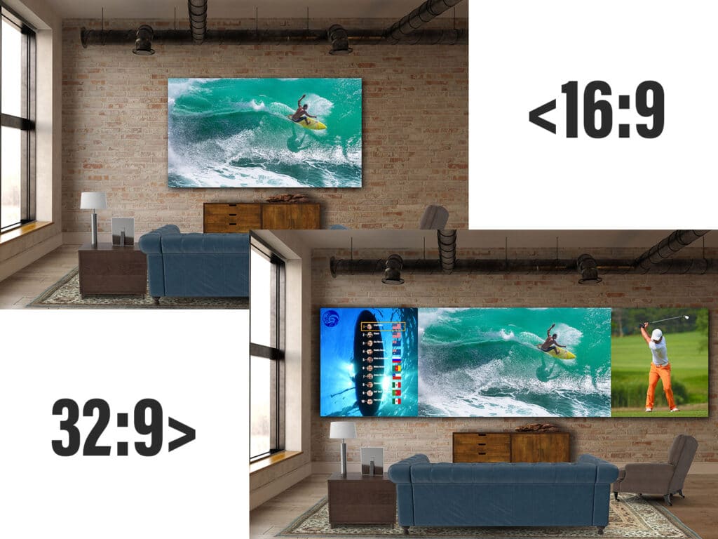 Außer bei den 8K-Modellen steht neben dem 16:9 auch eine Variante mit 32:9-Bildverhältnis zur Auswahl (Dual-2K oder Dual-4K)