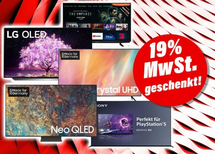 19 Prozent Mehrwertsteuer geschenkt auf alle verfügbaren TV-Geräte auf mediamarkt.de!