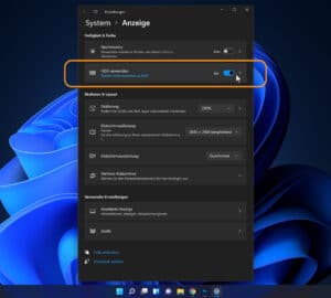 Der Schieberegler für die HDR-Option unter Windows 11 befindet sich in den Anzeigeneinstellungen