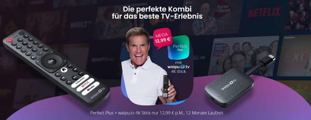 waipu.tv bewirbt seinen Streaming-Stick mit Dieter Bohlen als Galionsfigur.