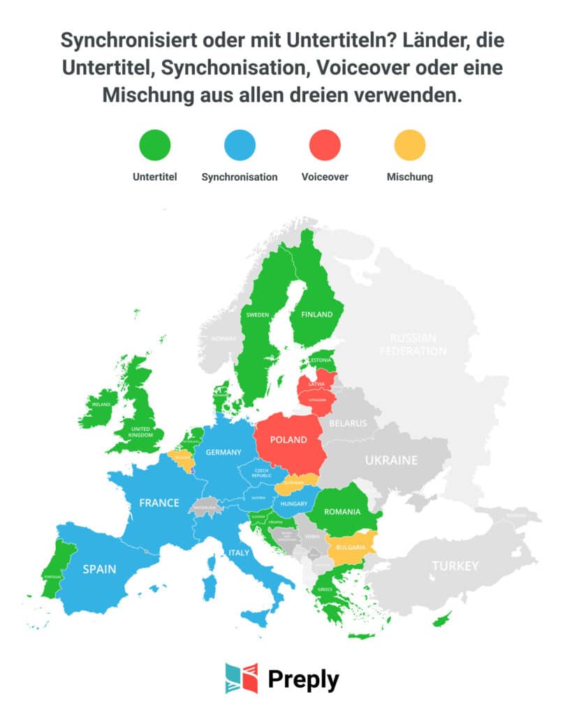 In vielen Ländern Europas arbeitet man mit Untertiteln statt Synchronisationen.