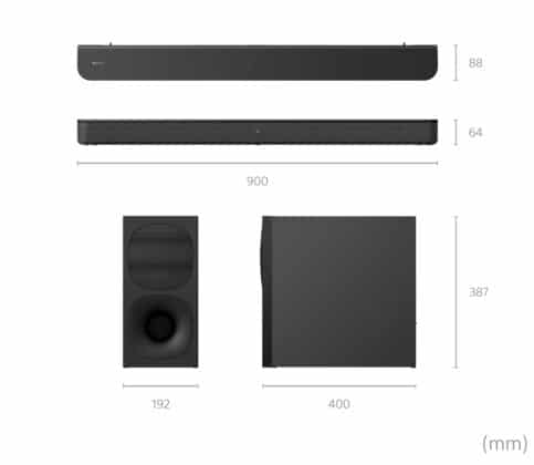 Abmessungen der HT-S400 Soundbar + Subwoofer