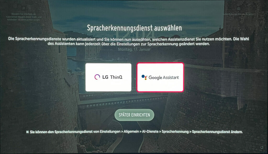 Die Auswahl des Sprachassistenten wird euch nach dem Update angezeigt. Ihr wählt zwischen LG ThinQ oder Google Assistant. Womöglich möchte LG damit mehr Daten vom Nutzer erhalten und verarbeiten.