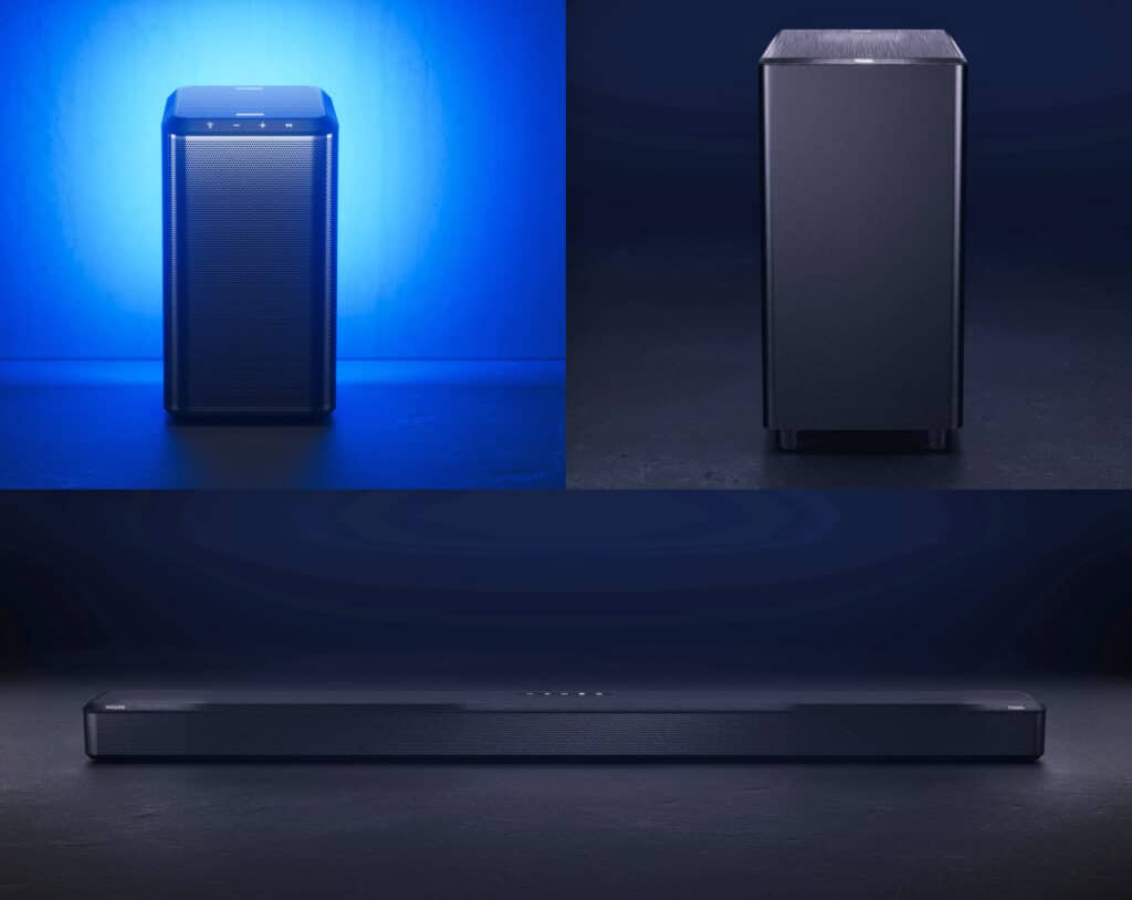 Das neue Multi Audio System von Philips erweitert den OLED807 wahlweise mit der FB1 Soundbar, FS1 Satelliten-Lautsprechern oder dem FW1 Subwoofer, drahtlos via DTS Play-Fi