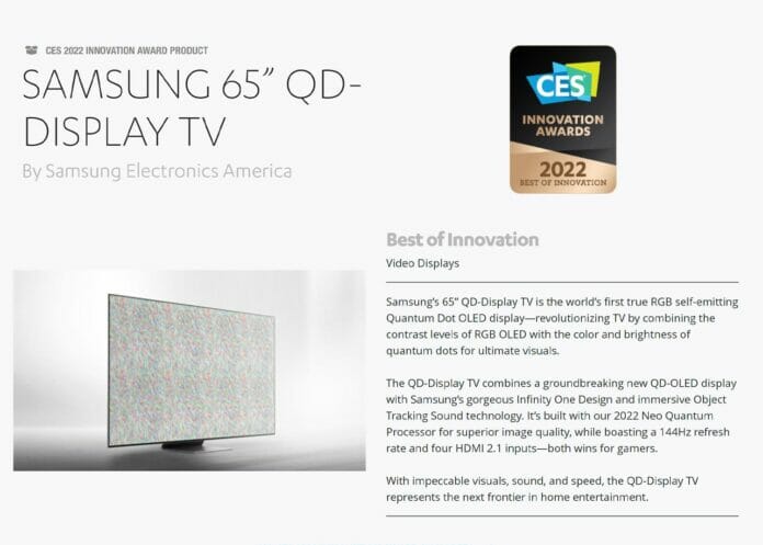 Il TV QD Samsung da 65 pollici ha vinto il CES Innovation Award 2022