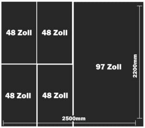 OLED Mutterglas einer Gen 8.5 Produktionslinie aus denen ein 97 Zoll OLED und vier 48 Zoll OLEDs geschnitten werden