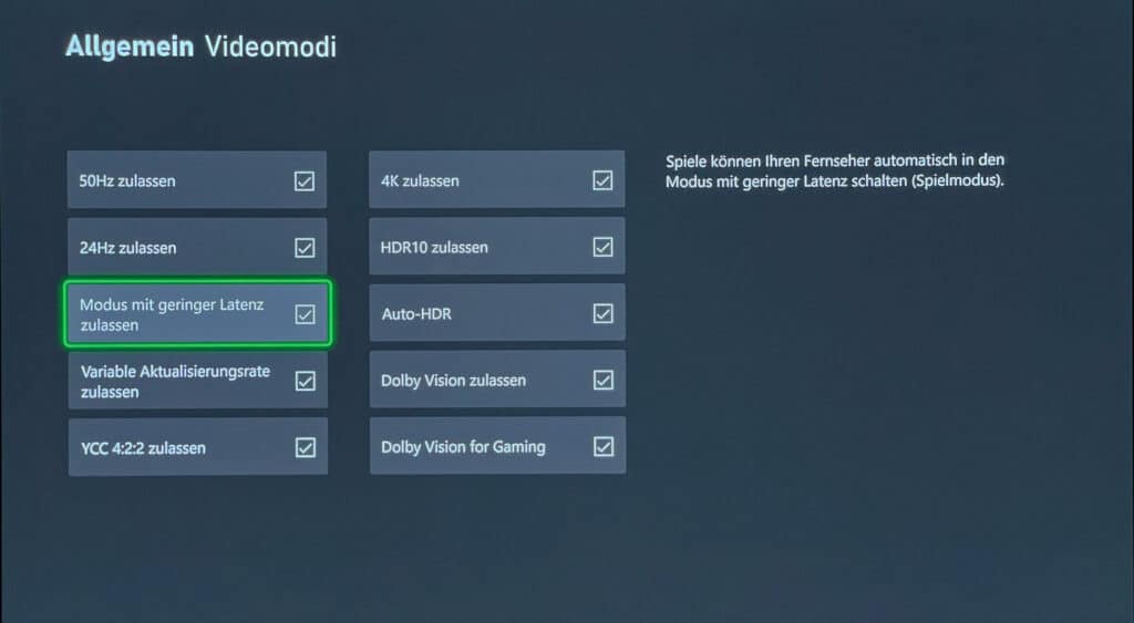 Die Xbox Series X/S erlaubt es uns ALLM (geringe Latenz) unter den Bildmodi zu deaktivieren