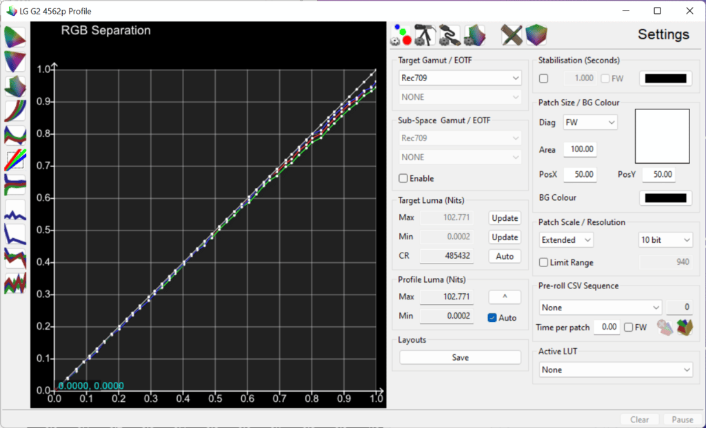 RGB-Seperation nach Kontrast und Farbanpassung (ColourSpace Calibration Software - Light Illusion)