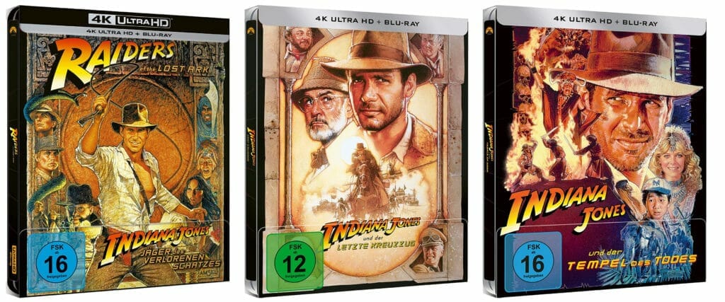 Das Cover-Design der drei Indiana Jones 4K Blu-ray Steelbooks