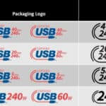 Die Logos für USB-Kabel zeigen die maximale Übertragungsrate in Gbit/s und maximale Stromübertragung in Watt