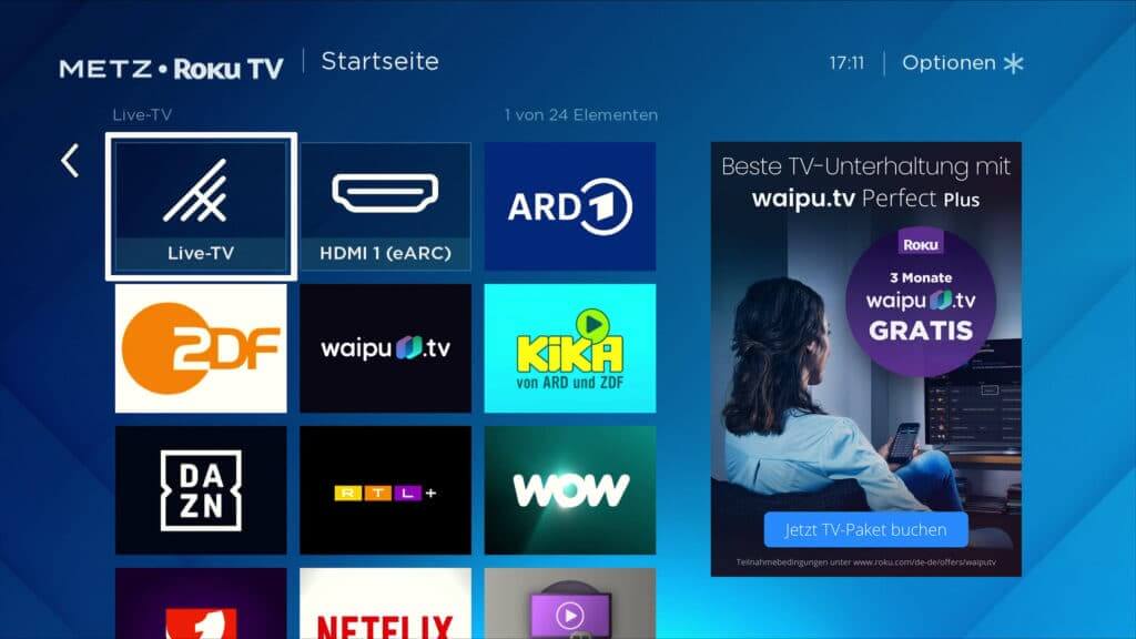 waipu.tv steht nun auch an Fernsehern mit Roku TV zur Verfügung - etwa Modellen von Metz.