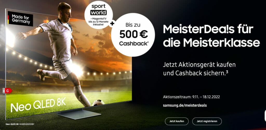 Die 500 Euro Cashback gibt es aber nur beim Kauf eines Neo QLED 8K mt 85 Zoll.