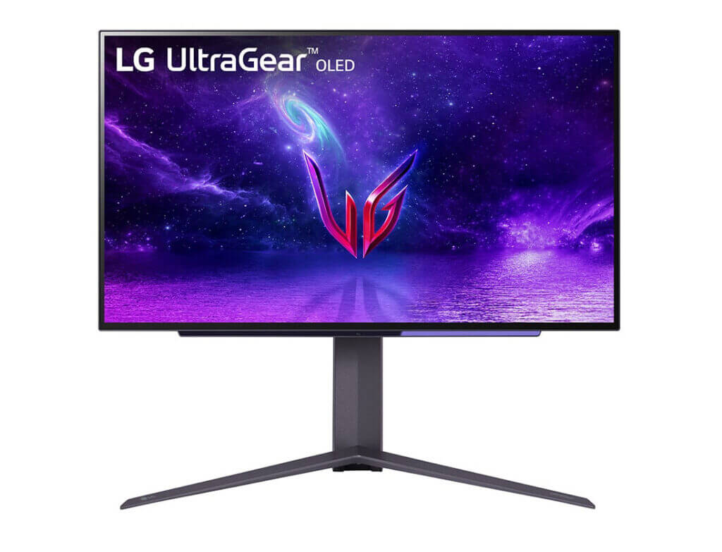 Der 27 Zoll OLED-Gaming-Monitor freistehend. Das System wird unter dr Marke LG UltraGear vertrieben.